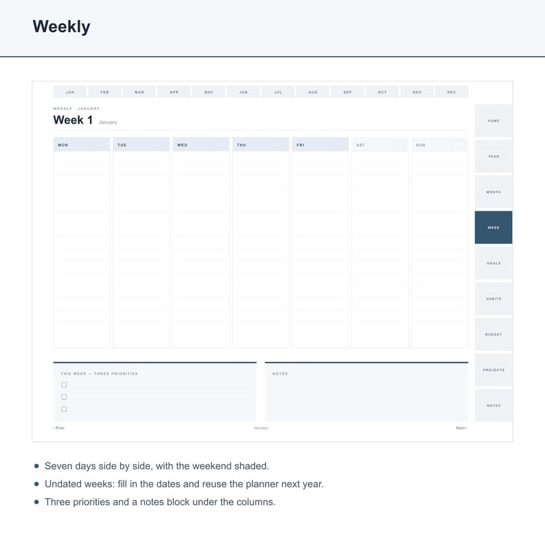 Undated Digital Planner for GoodNotes, Hyperlinked iPad Planner, Daily Weekly Monthly Undated Planner, Notability, 528 Pages, Minimalist image 5