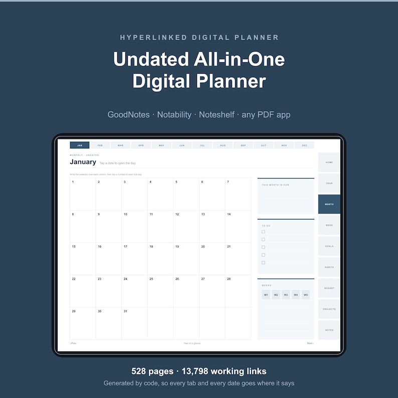 Undated Digital Planner for GoodNotes, Hyperlinked iPad Planner, Daily Weekly Monthly Undated Planner, Notability, 528 Pages, Minimalist image 1