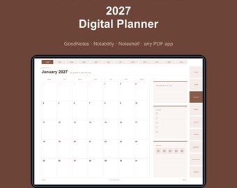 2027 Digital Planner for GoodNotes, Hyperlinked All-in-One iPad Planner 2027, Daily Weekly Monthly, Notability, 514 Pages, Minimalist