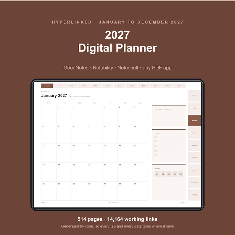 2027 Digital Planner for GoodNotes, Hyperlinked All-in-One iPad Planner 2027, Daily Weekly Monthly, Notability, 514 Pages, Minimalist image 1