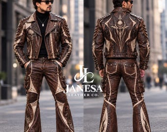 Gothic-Leder-Trainingsanzug für Herren, Bikerjacke und Hose mit Totenkopfmotiv, Punk-Outfit mit Nieten