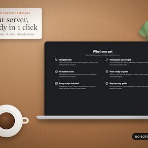 May include: A digital Discord server template display featuring a laptop screen with text detailing template links, 48 custom icons, and setup scripts. A white coffee cup sits nearby, and a text box reads: Discord server template, Your server, ready in 1 click.