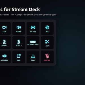 May include: A digital display of Key Icons for Stream Deck featuring 58 keys with on/off states in 4 styles. The grid shows neon blue icons for Mic, Cam, Sound, Go Live, Rec, Scene 1-3, BRB, Clip, Marker, Ad Break, Raid, Poll, and a red Mic Off icon.