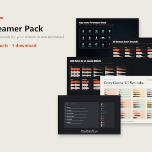 May include: A digital Streamer Pack containing five products in one download, featuring icons for Stream Deck, 40 stream alert sounds, 200 retro and UI sound effects, cozy game UI sounds, and Discord emoji and role icons displayed on screen.