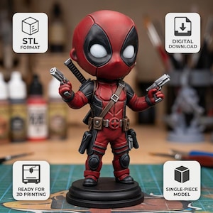 May include: A chibi-style Deadpool figurine in a red and black suit, holding two silver pistols. The figure stands on a black circular base. Text overlays include STL FORMAT, DIGITAL DOWNLOAD, READY FOR 3D PRINTING, and SINGLE-PIECE MODEL.