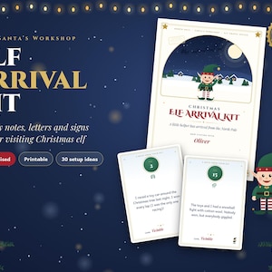 May include: A printable Christmas elf arrival kit featuring a large letter with a North Pole illustration, two smaller daily note cards numbered 1 and 15, and a small elf character graphic. The text includes From Santa's Workshop, Elf Arrival Kit, and personalised names like Oliver and Twinkle.