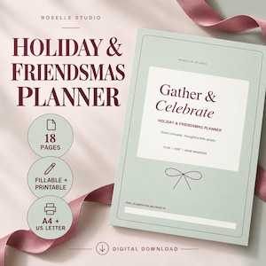 Può includere: Un planner digitale Holiday & Friendsmas verde salvia con testo rosso scuro. La copertina presenta il titolo Gather & Celebrate, un disegno al tratto di un fiocco e uno spazio per un nome. Include 18 pagine, compilabili e stampabili.