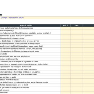 May include: A construction site checklist document titled Checklist de chantier. It features columns for phase, verification points, completion status, date, and observations, with rows detailing tasks from pre-construction to final project completion.