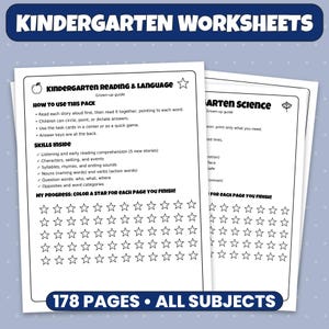 May include: Two white pages of kindergarten worksheets with black text and star icons. The top page is titled Kindergarten Reading & Language and lists skills like listening, syllables, and nouns. A progress tracker with rows of stars is at the bottom.
