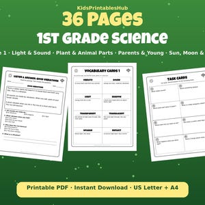 36 Pages 1st Grade Science Teacher Packet, Light and Sound, Plant and Animal Parts, Parents and Young, Sun, Moon and Stars, Answer Keys