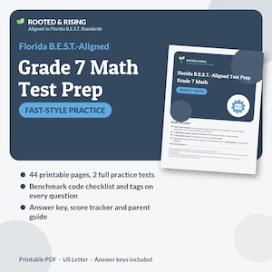 Può includere: Un documento PDF stampabile di preparazione ai test di matematica per la settima classe di Rooted & Rising, allineato agli standard Florida B.E.S.T. La copertina presenta un'icona a ingranaggio blu, 44 pagine, due test completi e le soluzioni.