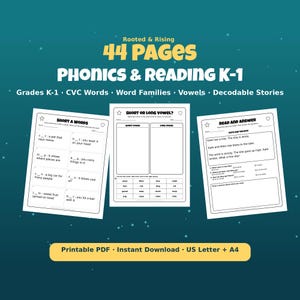 May include: A 44-page phonics and reading educational resource for grades K-1, featuring worksheets on CVC words, word families, vowels, and decodable stories. The pages include exercises like Short A Words, Short or Long Vowel, and Read and Answer.
