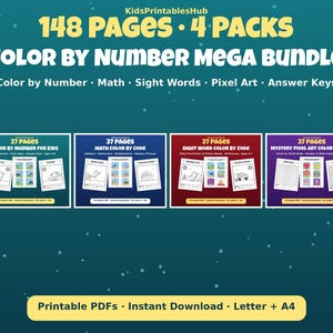 148 Pages Color by Number Mega Bundle, Math Color by Code, Sight Word Coloring, Mystery Pixel Art, Answer Keys, Kids Ages 4-9