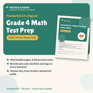 May include: A digital Grade 4 Math Test Prep packet aligned to Florida B.E.S.T. standards. The document features a fox illustration, 40 printable pages, two full practice tests, a benchmark code checklist, an answer key, and a score tracker.