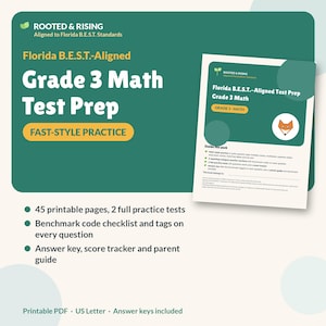 Puede incluir: Un paquete digital de preparación para exámenes de matemáticas de tercer grado alineado con los estándares Florida B.E.S.T. Incluye una ilustración de zorro, 45 páginas imprimibles, dos exámenes de práctica, una lista de control y respuestas.