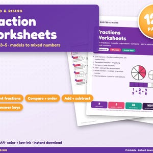 Fraction Worksheets Bundle, 3rd 4th 5th Grade Fractions Practice, Equivalent Fractions, Compare Add Subtract, Answer Keys, Homeschool PDF