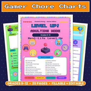 May include: A digital chore chart set titled Gamer Chore Charts, featuring a pink central page with pixel art icons, a joystick, and text including Level Up! Adulting Mode, Grades 9-12, and a list of 20 pages of fillable and editable templates.