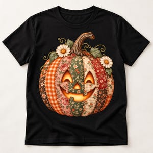 Patchwork Floral Pumpkin PNG, Gingham Halloween Sublimation, Vintage Fall Shirt Design
