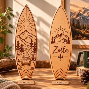 Prancha de surf personalizada em madeira, estilo mini montanha – Decoração para VanLife
