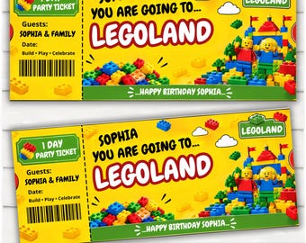 Bewerkbaar Legoland-cadeauticket en gepersonaliseerd verrassingsreisticket, printbare onthulling van de verrassingsreis, themaparkcadeaubon, Canva-bewerking