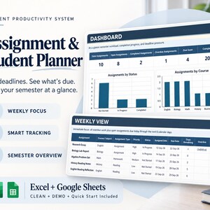 May include: A digital student productivity system planner featuring an assignment dashboard and weekly view. The interface displays charts, tables, and status trackers for academic tasks. Text includes Student Productivity System, Assignment & Student Planner, Dashboard, Weekly View, and Excel + Google Sheets.
