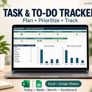 Planificador y organizador de tareas de productividad para Excel o Google Sheets, lista de tareas pendientes sin fecha con panel de control, tabla de tareas para el trabajo y el hogar.