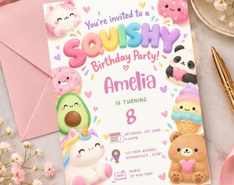 Puede incluir: Una tarjeta de invitación de cumpleaños rectangular con personajes de dibujos animados coloridos, incluyendo un gato, fresa, dona, aguacate, unicornio, panda y oso. El texto dice: You're invited to a SQUISHY Birthday Party! Amelia IS TURNING 8.