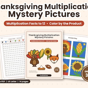 Pode incluir: Conjunto de folhas imprimíveis Thanksgiving Multiplication Mystery Pictures para os graus 3-4. Inclui multiplicações até 12, exercícios de colorir por produto, chaves de resposta e gráficos de peru, milho, girassol, raposa, tarte e bola.