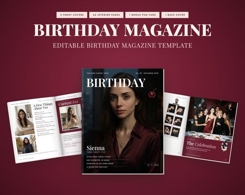 Birthday Magazine Canva Template, Editable Dark Cherry Photo Book, 67 ...