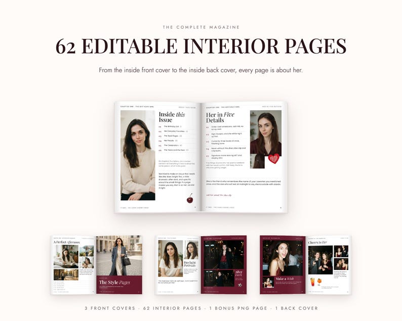 Birthday Magazine Canva Template, Editable Dark Cherry Photo Book, 67 ...