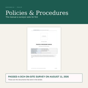 Pode incluir: Um documento branco intitulado Policies & Procedures Manual para um prestador de cuidados ao domicílio. A página inclui um espaço para um logótipo, endereço comercial e uma tabela para números de licença, áreas de serviço e datas.