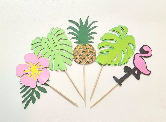 Flamingo and Pineapple Theme Cupcake Topper, 20 PCS, Luau Hawaiian Theme Cupcake Topper, Moana Theme Party Decor, Hibiscus, Leaves, Greenery Il_570xn