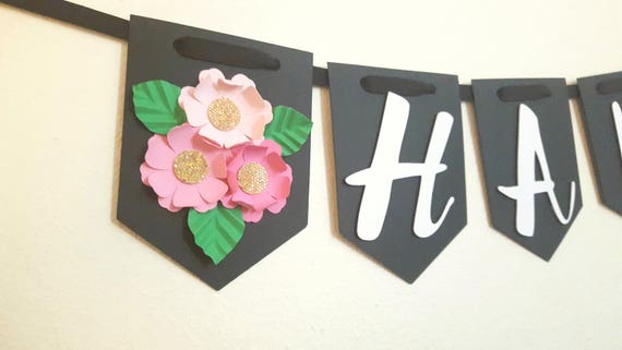 Boho Chic Themed Birthday Banner, Boho Chic, Sweet Sixteen Banner, Black White and Pink Banner, Bunting, Birthday Banner, Party Decor Il_570xn