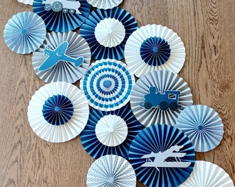 Train and Planes Themed Backdrop, Birthdays Baby Shower Decor, Blue and Gray Paper Fans, Its a Boy, Gender Reveal Backdrop