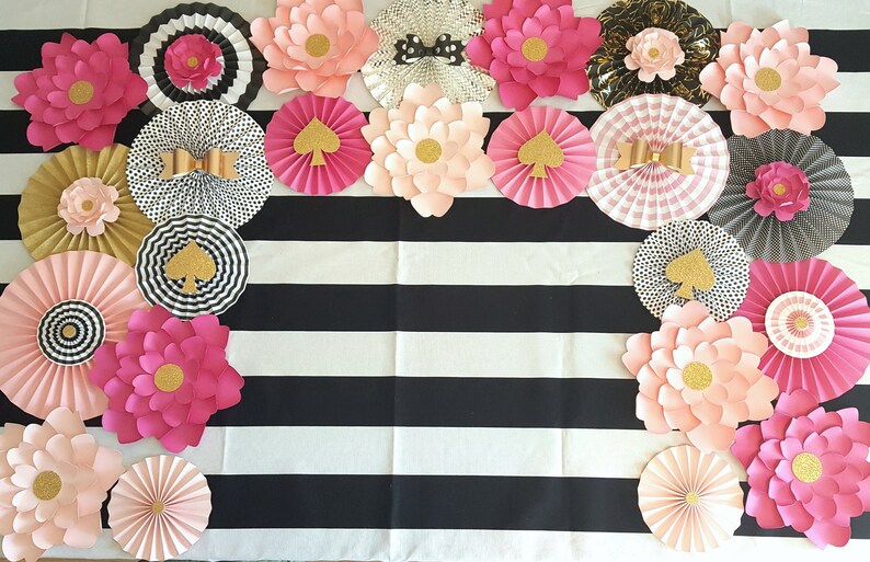 Pink Black Gold Backdrop Paper Fans And Paper Flower Backdrop Baby Shower Backdrop Baby Shower Decor Sweet 16 Decor Paper Flowers