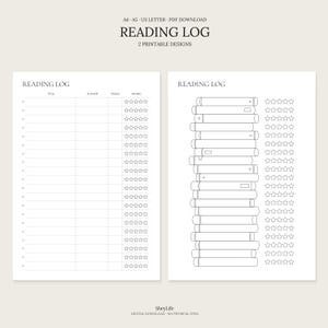 Puede incluir: Dos diseños de registro de lectura imprimibles en papel blanco. La hoja izquierda presenta una tabla con columnas para título, autor, páginas y una calificación de cinco estrellas. La derecha muestra contornos de libros.