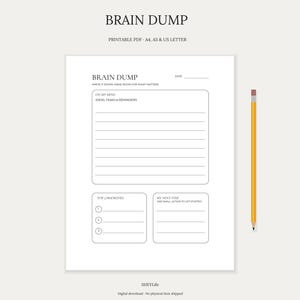 Puede incluir: Una página de planificador Brain Dump imprimible en blanco con secciones para ideas, tareas, recordatorios, prioridades y próximos pasos. El diseño incluye una línea de fecha y un lápiz amarillo con goma rosa a la derecha de la página.