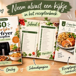 Pode incluir: Um livro de receitas intitulado 30 Heerlijke Airfryer Recepten com capa, índice e uma página de exemplo para cordon bleu de frango crocante, apresentando texto, fotografias de comida e ilustrações botânicas em tons de verde.