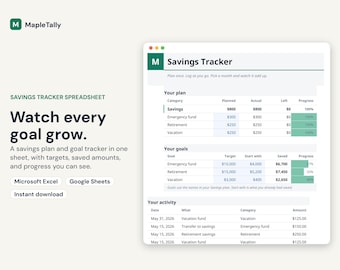 Savings Tracker Spreadsheet for Excel and Google Sheets, Savings Goal Tracker, Savings Planner, Budget Spreadsheet, Savings Challenge