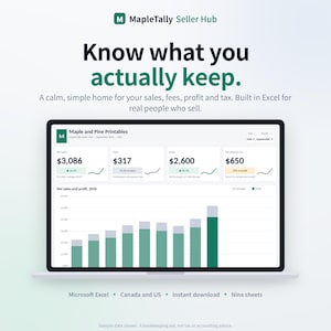 Puede incluir: Una pantalla de portátil que muestra la interfaz de MapleTally Seller Hub con datos financieros. La pantalla muestra el texto Know what you actually keep, junto con gráficos, ventas netas, comisiones, beneficios e impuestos.