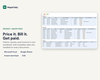 Invoice Template Spreadsheet for Excel and Google Sheets, Quote Template, Client Tracker, Small Business Invoicing, GST HST Invoice