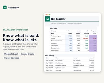 Bill Tracker Spreadsheet for Excel and Google Sheets, Bill Payment Tracker, Monthly Bill Organizer, Bill Planner, Budget Template