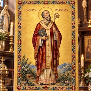 Op de afbeelding: Een rechthoekige religieuze icoonafbeelding van de heilige Augustinus, gelabeld SANCTVS AVGVSTINVS. De figuur draagt rood-witte liturgische gewaden, houdt een boek en een kromstaf vast tegen een gouden achtergrond met een decoratieve rand.