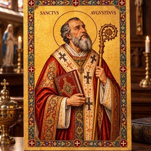 Könnte beinhalten: Ein rechteckiges religiöses Ikonenbild von Augustinus von Hippo, beschriftet mit SANCTVS AVGVSTINVS, dargestellt mit grauem Bart, in rotem und goldenem Bischofsgewand, ein rotes Buch und einen goldenen Krummstab vor Goldgrund.