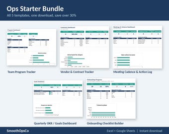 Puede incluir: Un paquete digital titulado Ops Starter Bundle que contiene cinco plantillas de hoja de cálculo: Team Program Tracker, Vendor & Contract Tracker, Meeting Cadence & Action Log, Quarterly OKR/Goals Dashboard y Onboarding Checklist Builder.