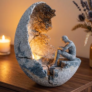 Könnte beinhalten: Eine graue, texturierte, eiförmige Skulptur mit einem hohlen Innenraum und einem warmen, leuchtenden Licht. Eine kleine, sitzende menschliche Figur mit einer glatten, steinartigen Oberfläche sitzt im Inneren der Schale, die Knie angezogen.