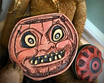 Smaller Hand Painted Primitive Wooden Pumpkin Grubby Distressed Jack O* Lantern HALLOWEEN Old Vintage Inspired Autumn Fall Decor Display