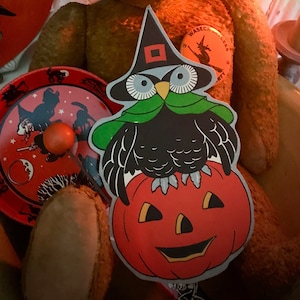 Vintage Halloween Old Collectible Witch Owl On Jack O Lantern Pumpkin Fall Autumn Cut Out Spooky Decor Display 1950s era Prop Gift Die Cut