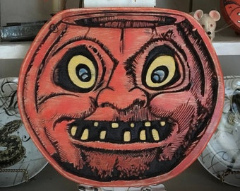 Large Size Hand Painted Primitive Wooden Pumpkin Grubby Distressed Jack O* Lantern HALLOWEEN Old Vintage Inspired Autumn Fall Decor Display