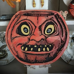 Large Size Hand Painted Primitive Wooden Pumpkin Grubby Distressed Jack O* Lantern HALLOWEEN Old Vintage Inspired Autumn Fall Decor Display